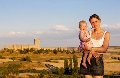 mother and baby at  Penaranda de Duero Castle, Burgos Province, Castile and Leon, Spain
